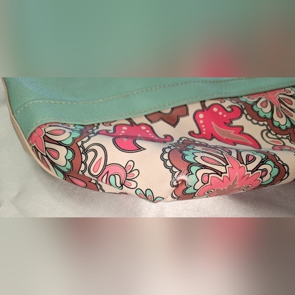 Ellen Tracy Faux Leather Tote Shoulder Bag Purse Turquoise With Floral Trim - Picture 6 of 13